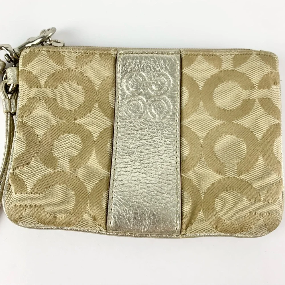 Coach Signature Print Metallic Wristlet Coin Card Wallet